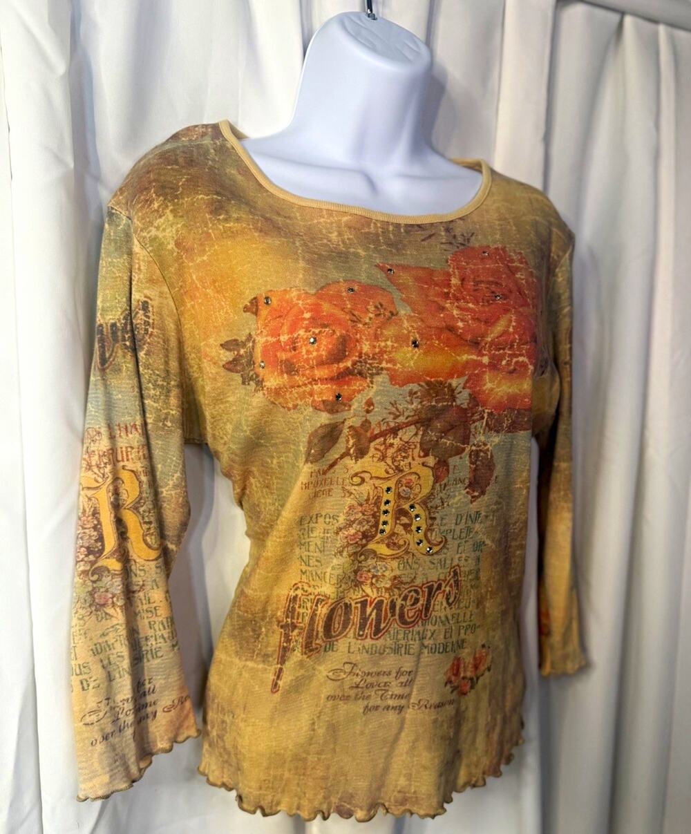 Vintage Y2K Graphic Long Sleeve Top Rhinestone Floral Print Medium indie sleaze